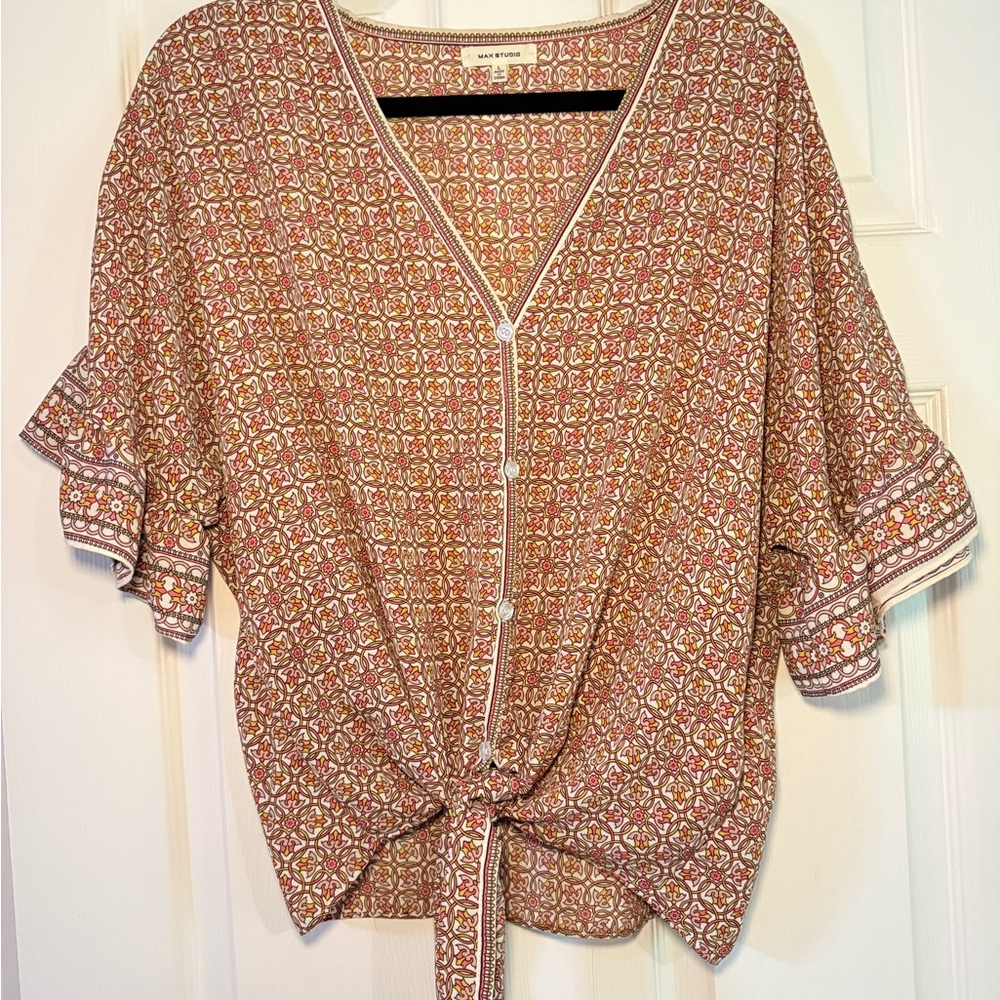 Max Studio Floral Button-Down Blouse with Tie